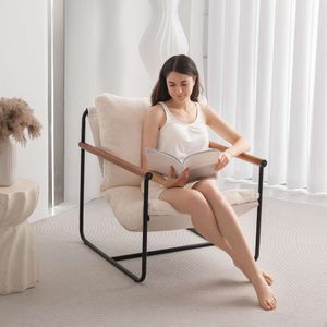 BYBYME Sherpa Imitation Lambskin Arm Decorative Reading Medieval Modern Bedroom and Living Room Chair, Armchair with Wooden Armrest Metal Frame