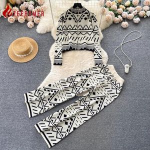 Women's Two Piece Pants 2024 Fashion Geometric Jacquard Knitted Sweater Tracksuit Suits Women Zipper Loose Cardigan Drawstring Wide Legs