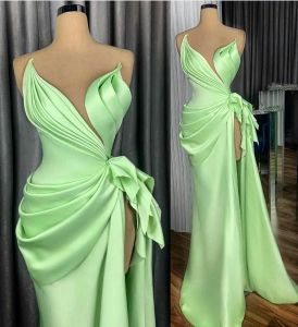 Mint Sheath Prom Dresses Sheer Jewel Neckline robe de Ruffles High Side Split Evening Dress Custom Made Formal Party Gowns