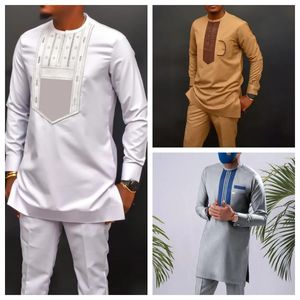 2024 Summer Mens Suit African Ethnic Casual Style 2-Piece Set Tryckt långärmad toppbyxor Gentleman Fashion Clothes Outfits 240313