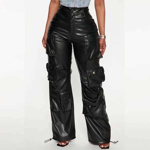 Custom Oem Manufacturer Baggy Pockets High Waist Streetwear Wide Leg Casual Ladies Long Leather Cargo Pant for Women Trousers