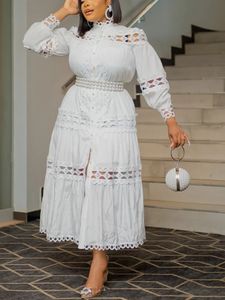 Шикарное женское ажурное кружевное платье-миди с длинным рукавом и поясом, повседневные клубные наряды для вечеринок, большие размеры 240318
