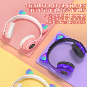 Headphone/Headset Cute Cat Ear Headphones Flash Light Wireless with Mic Can close LED Kids Girls Stereo Phone Music Bluetooth Headset Gamer Gift