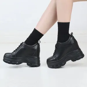 Casual Shoes Krasovki 10cm äkta läderkvinnor Spring Ankle Mid Calf Booties Boots Platform Wedge Chunky Sneaker Hidden Heels Autumn