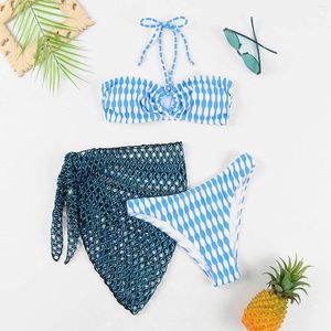 Women's Swimwear Beachwear Summer Fashion Two Tone Knit Triangles Bandage Female Flash Belt Ring Halter Bathing Suit