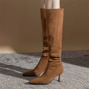 Boots New Women Suede Knee High Boots Ladies Pointed Toe Tall Boots Retro High Heels Female Autumn Winter Long Plush Warm Boot