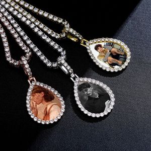 Medaglioni di memoria Po personalizzati Collana con ciondolo solido Collana a forma di goccia d'acqua Catena da tennis Gioielli Hip Hop Personalizzati Zircone cubico Chai274N