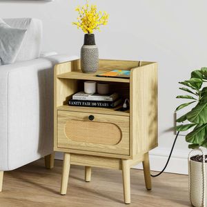 Lomojo Rattan Charging Station, Modern Bedside Wooden Bohemian Table, Medieval Small Side Table with Drawers, Bedroom