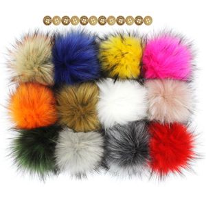 Furling pacote de 12 atacado 14cm 5.5 polegadas pompons de pele de guaxinim falso cordão elástico com botões para gorro chapéus tricô 240315