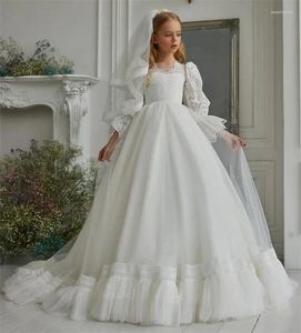 Abiti da ragazza Elegante abito a fiori bianchi Pizzo Tulle Ragazze Manica lunga Prima Comunione Vestido De Comunion 1-16 anni