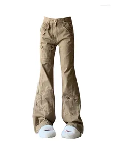 Женские джинсы 2024 Моды Хаки Джинсовые штаны Женщины дизайн высокой талию Слим -колокольчик офисная леди расклеилась классическая уличная одежда Y2K