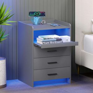 HWB Charging Station - Sofa Table Body Sensor RGB Light, Smart Bedside Table, Modern Bedroom Furniture with Drawers and Sliding Open Shees, Gray