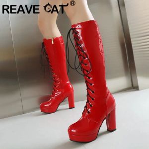 ブーツをReave Cat Patent Leather High Boots Round Toeブロックブロック9.5cmプラットフォームジッパーレースアップカジュアルナイトブーティープラスサイズ48