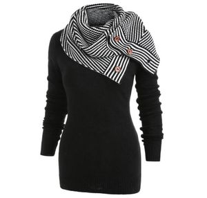 Wipalo Plus Size Pullover Sweater Women Buttons Crew Neck Long Sleeve Sweater With Striped Scarf Winter knitting Ladies Tops Y20076947719