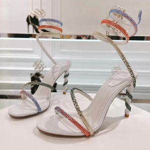 Strass-Stiletto-Sandalen Snake Strass 95 mm Rot Cleo Hochzeit Abendschuhe Damen High Heels Ankle Wraparound Designer-Schuhe Party-Kleiderschuhe