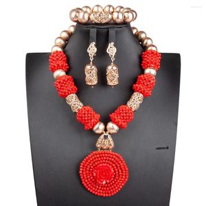Necklace Earrings Set Amazing Red Crystal African Beads Jewelry Big Flower Pendant Nigerian Wedding Statement WE326