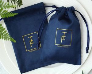 Flannel Jewelry Pouches Custom Size Navy Blue Velvet Drawstring Earrings Packaging Organizer Gift Bag for Wedding Bulk 100 240313