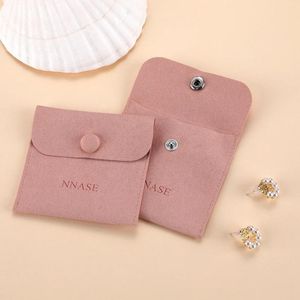 Envoltório de presente 50 pcs personalizado impresso logotipo mini envelope jóias saco snap botão encerramento bolsa de microfibra de luxo para nascimento de casamento