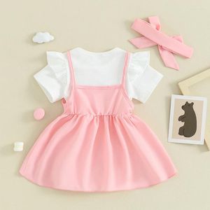 Set di abbigliamento Geagodelia Neonate 3 pezzi Abiti primavera estate Pagliaccetto manica corta Orso Gonna con bretelle Set vestiti nati