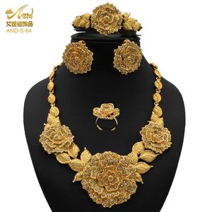 Aniid Indian Jewellery Set Party Wedding Dubai Gold Color Jewelry for Women Necklac Braceter Earring Gift Nigeria Ethiopian 240320