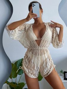 3pack Plain V-neck Bikini Set Hollow Out Tunic Loose Cover Up For Woman Lace Up Halter Triangle Bikini Swimsuit Beachwear 240309