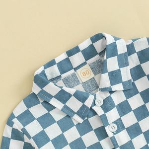 Kläduppsättningar småbarn Baby Boy 2 Piece Outfits Checkerboard Print Button Lång ärmskjorta Elastiska byxor för spädbarns höstkläder