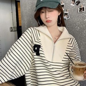 Kobiet bluzy moda Trend High Street Striped Letter Polo Neck Hoodie Woman Kobiet Autumn swobodne luźne oryginalne styl Y2K Zapip Tops