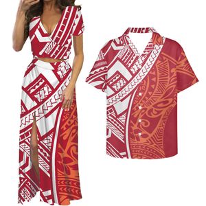 Modisches Crop-Top und rote Damen-Maxikleider zum Valentinstag, hochgeschlitzter Rock, figurbetontes polynesisches Stammes-Paar-Kleidungsset