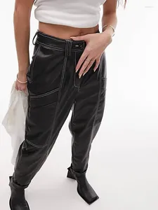 Kvinnors byxor kvinnor faux läderbyxor damer hög midja kontrast söm peg vinatge svart pu med fickdräkt anpassad