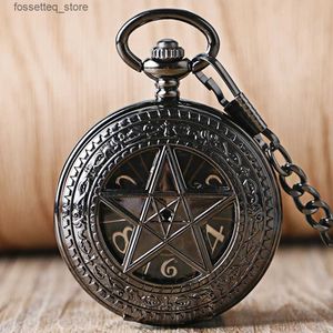 Pocket Watches Classical Pentagram Hollow Hand Wind Mechanical Pocket Unique Arabic Numerals Dial Antique Black Pocket Clock Men with Box L240322