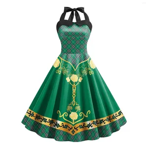 Lässige Kleider, irisches ethnisches Festival, traditionell, bedruckt, 2024, St. Patrick's Day-Kleidung für Damen, ärmellos, tailliert, plissiert