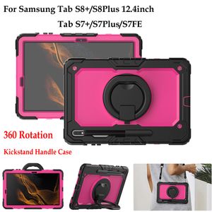360 Rotation Handle Grip Stand Case For Samsung Galaxy Tab S8 S7 Plus S8+ 12.4 inch S8Plus Heavy Duty Rugged Kids Safe Shokcproof Tablet Cover Shoulder Strap+PET Film