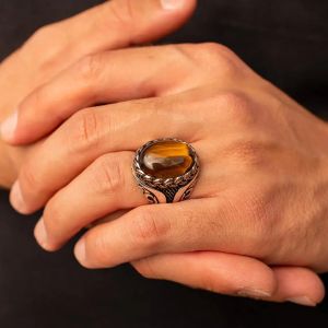 Vintage-Ring mit braunem Tigerauge-Stein für Männer und Frauen, türkische handgefertigte Spirale mit gravierter Aussage, 14 Karat Gelbgold-Ring, Jahrestagsgeschenk, Großhandel