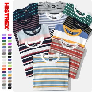 histrex 50色男性女性ストライプTシャツ100％コットンTシャツ夏ヴィンテージクルネックY2K特大TシャツTOPS TEE WOMEN 200G 240311