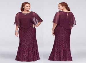 Burgundy Plus Size Lace Formal Dresses With Wrap Beaded Jewel Neck Mermaid Evening Gowns Cheap Floor Length Prom Dress4499271