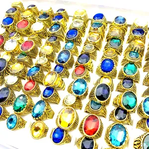 New 50pcs Retro Figure Rings For Men and Women Gold Plated Glass Stone Carved Pattern Mix Styles Fashion Jewelry Set Wholesale