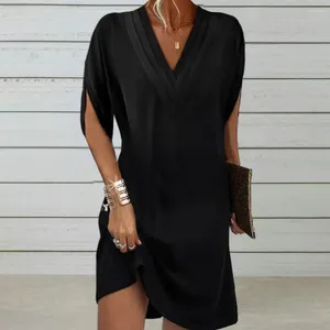 Party Dresses Elegant Loose Fit Dress V Neck Pleated Bat Sleeve Mini för kvinnor Mjuk andningsbar fast färgpendling ovan