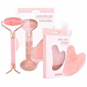 2pcs 100% Rose Ste Gua Set Rolo Facial Ste Board Massageador Rosto Emagrecimento Corpo Relax Massager Acupuntura Raspador Placa v8ZN #