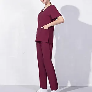 Kvinnors tvåbitar byxor 1 Set Work Uniform Kort ärm V-Neck Beauty Salon Salon Slitesistent Summer Pet Dental användning