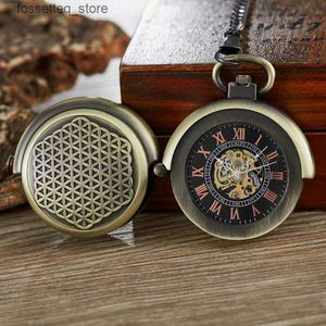 Pocket Watches Antique Retro Hollow Cover Double Turntable Cping Hand Winding Mechanical Pocket FOB Men Steampunk Bronze 30cm Chain L240322