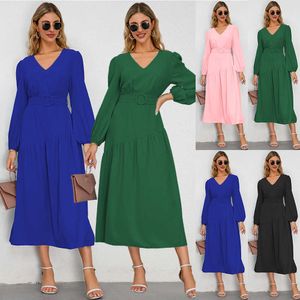 Vestidos femininos outono e inverno com decote em v rendas até cor sólida fino ajuste vestido longo novo estilo