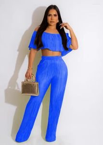 Women's Two Piece Pants WUHE Pleated Set Butterfly Sleeve Crop Top And Straight Suit 2024 Streetwear 2 Outfit Tracksuit