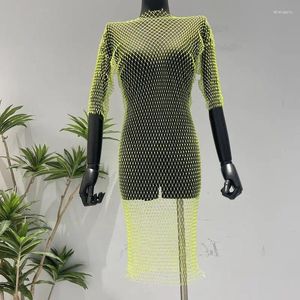 Party Dresses Summer European And American Heavy Industry Diamond-encrusted Five-quarter Sleeve Fishnet Women's Hollow Sexy Beach Dress