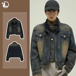 Mens denim ceket Amerikan vintage sahte iki parça tasarım yıkanmış trend kot palto erkek hip hop yüksek yakalı unisex dış giyim 2024 240309