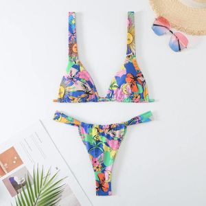 Mulheres Swimwear Linda Flor Imprimir Bikini Set Mulheres 2024 Cintura Baixa 2-Peça Swimsuit Sexy Tanga Verão Praia Férias Banheira Terno