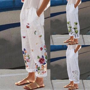 Calças femininas algodão linho elegante vintage floral impressão mulheres cintura elástica bolsos casual streetwear trabalho wear calças soltas