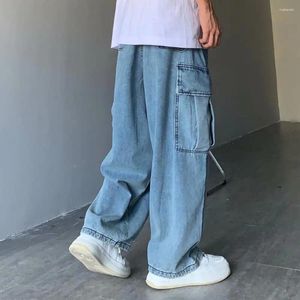 Herr jeans manliga denim byxor retro löst fit byxor med multi fickor för män bred ben last streetwear mode sommar