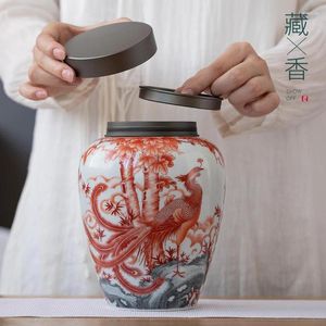 Flaskor kreativ legering förseglad keramisk burk röd phoenix mönster porslin stor kapacitet kaffeböna te tank lagringslåda hantverk gåva