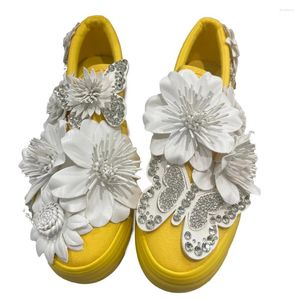 Sapatos casuais femininos tênis estilo pessoal amarelo com flor branca cristal arco brilho 3cm plataforma confortável de alta qualidade personalizar