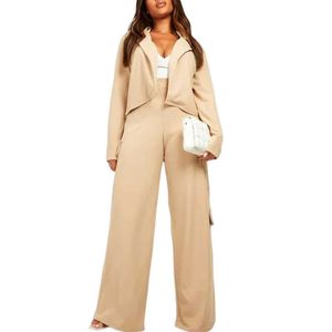 Plus Crop Blazer Wide Leg Cargo Pants Two Piece Knit Set Women Clothing Plus Size Womens Sets